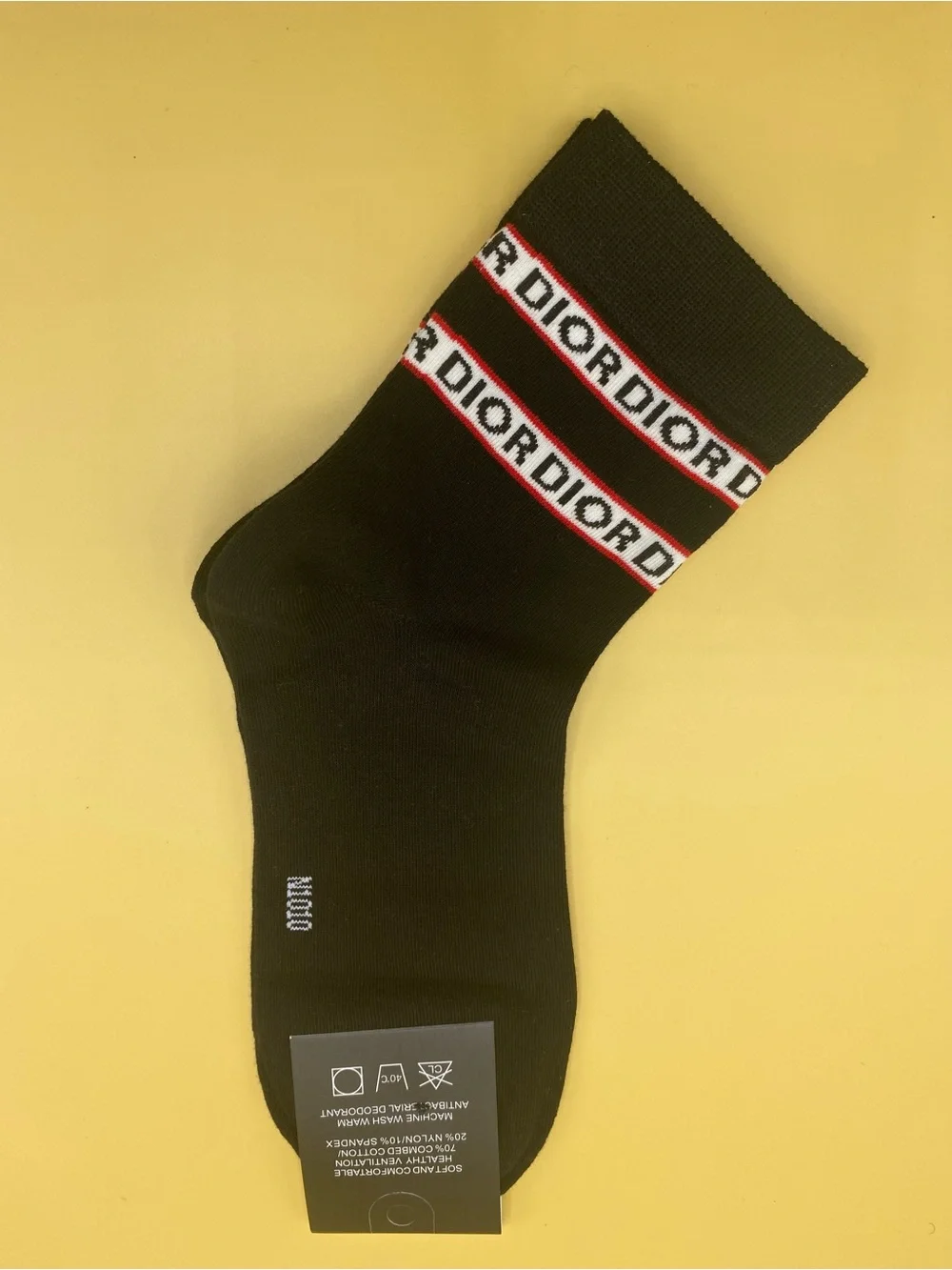 Dior Black Crew Socks with Red and White Logo Stripes
